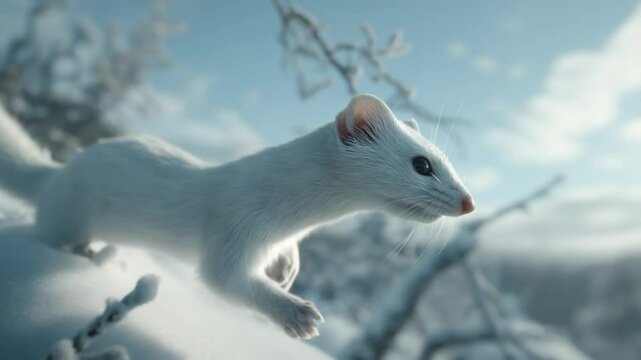A white weasel exploring a snowy landscape under a clear blue sky, surrounded by trees