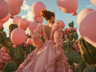 woman in pink dress, pink balloons, desert landscape, back view, sunny day