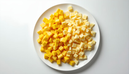 A white plate filled with cubes of cheese on top of a table.