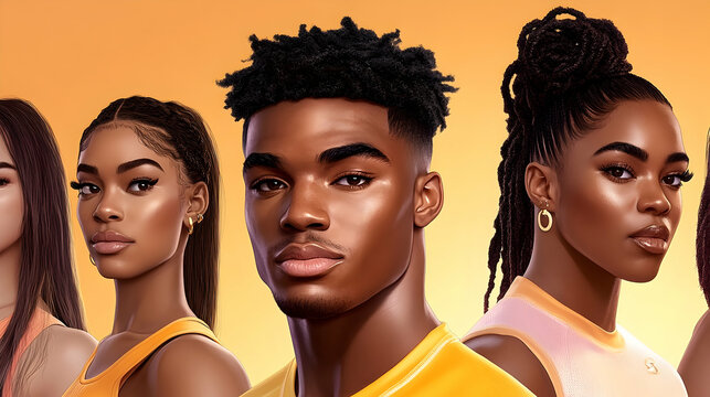 Diverse young adults group portrait warm background various hairstyles and skin tones