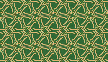 Decorative background with triangles. Curved lines. Vector illustration. Green, gold color. Bright background for poster, banner, flyer. Seamless