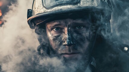 Firefighter's Face in Action: A firefighter's face with intense focus, soot-covered, wearing a helmet, and surrounded by smoke. 
