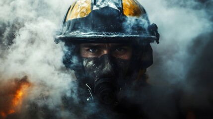 Firefighter's Face in Action: A firefighter's face with intense focus, soot-covered, wearing a helmet, and surrounded by smoke. 
