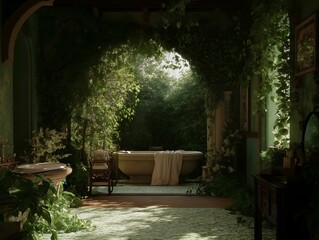 Obraz premium indoor pool, arched entryway, lush foliage, tranquil setting, natural light