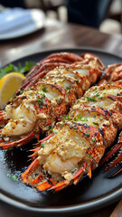Indulge in an exquisite main course featuring succulent lobster tail, delicately seasoned and perfectly grilled, served alongside buttery garlic sauce and a refreshing citrus garnish for a truly luxu