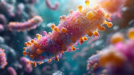 Naklejka premium Microscopic view of virus cells multiplying in a biological environment