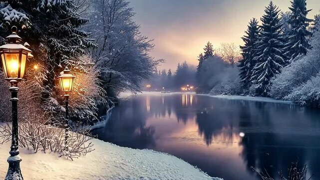 Serene winter landscape with snow-covered trees and reflections on frozen water