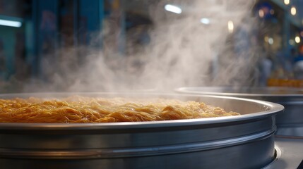 Street Food Steam: A close-up of a steaming pot of street food on a busy street, the billowing clouds of steam creating an ethereal and inviting atmosphere.