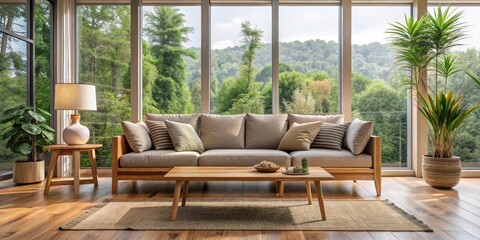 Cozy modern sofa in living room with large windows and natural wooden furniture, home decor, interior design