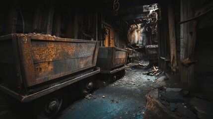 Abandoned mine carts in a decaying interior space.