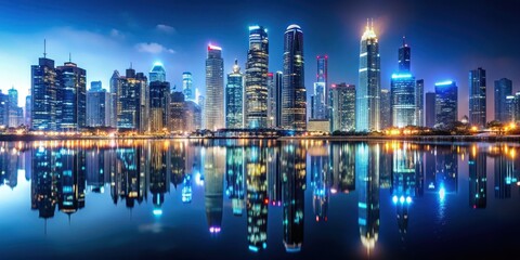 Sleek and modern cityscape at night with bright lights and tall skyscrapers reflected in a shiny surface, night, cityscape