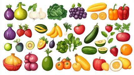 set of vegetables and fruits illustration background.ai generative