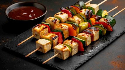 Delicious skewers with tofu cheese, grilled to perfection with a smoky glaze, paired with colorful bell peppers and zucchini slices. 