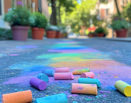 Colorful Chalk Creates Vibrant Street Art on Pavement with Blurred Background