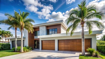 Fototapeta premium Modern Home with Garage Door Under Palm Trees in Sunny Florida,sunny florida