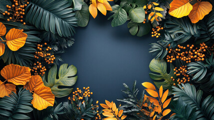 A realistic 4K botanical 3D background featu an abstract side angle of lush green and golden foliage creating a visually stunning natural border frame.