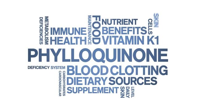 Phylloquinone Vitamin K1 animated word cloud;text design animation tag kinetic typography seamless loop.
