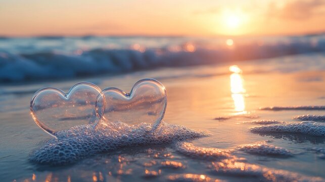 Two clear heart-shaped objects on a beach at sunrise