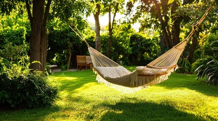 Fototapeta premium A hammock swaying gently in a garden, perfect for an afternoon nap.