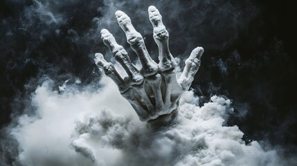 Skeletal hand emerging from a cloud of fog