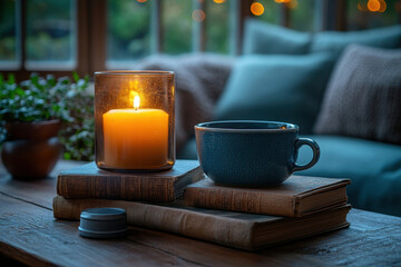 Book open beside flickering candle.