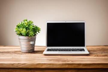 A laptop and small potted plant sit on a rustic wooden table against a neutral backdrop. Simple, clean workspace aesthetic