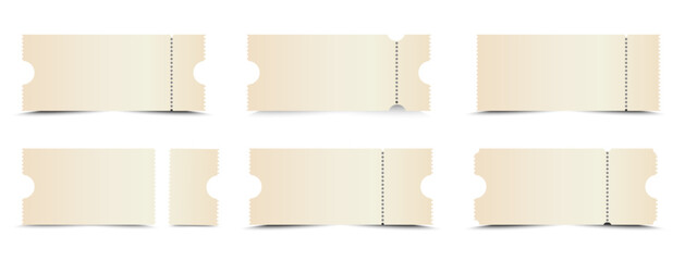 Set of paper ticket mockups with ruffle edges and shadows. Empty templates for Concert, movie or theater ticket. Admit one ticket blank, lottery, sale coupon.