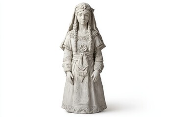 Detailed Stone Statue of Woman in Long Robe Against White Background