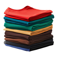 A colorful stack of folded cotton t-shirts forms a neat pile of casual clothing isolated on transparent background