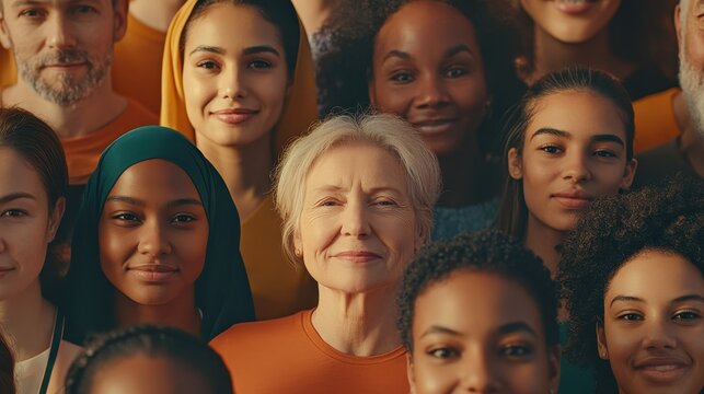 Diverse Group Portrait Close Up of Smiling Faces with Warm Lighting