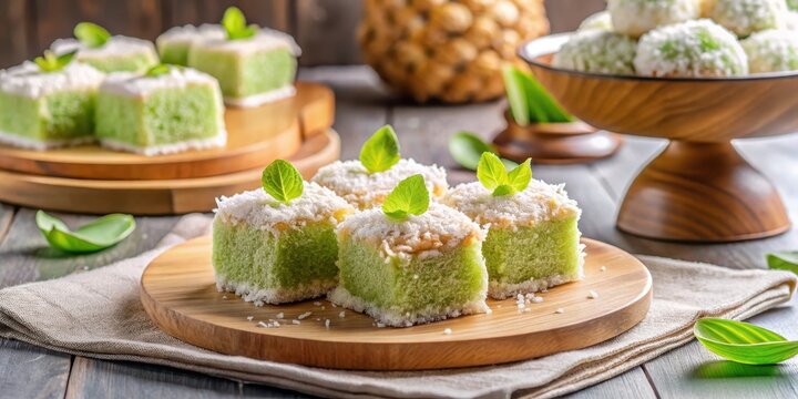 Sweet getuk lindri cake with grated coconut topping , dessert table, baked good,  dessert table