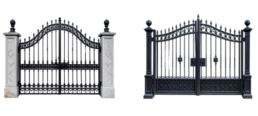 Black iron fence and gate isolated on a transparent background