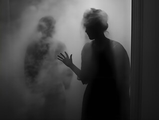 shadowy figure and hands in misty room, dark tones, mysterious encounter, cinematic lighting