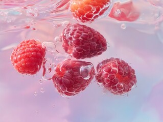 Close-up view of fresh raspberries in water.