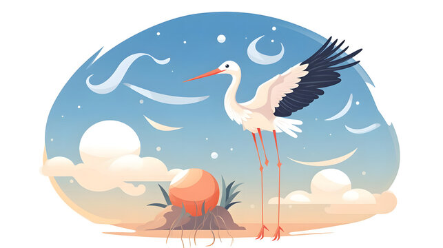 Detailed Vector Flat Style Stork Illustration Carrying a Newborn Baby
