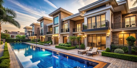 Fototapeta premium Elegant townhouse with private garden and swimming pool in upscale residential community, modern homes, luxury residences