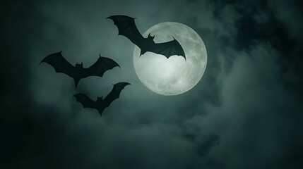 Bats silhouetted against a full moon and cloudy night sky