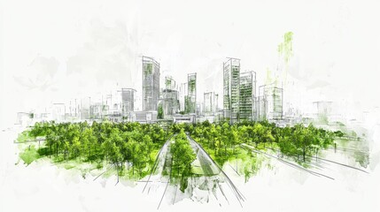 Green City Watercolor Painting Lush Vegetation and Skyscrapers