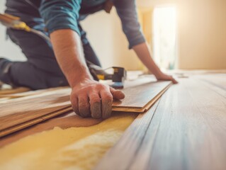 Closeup handyman is installing new laminate flooring in a room showcasing detail