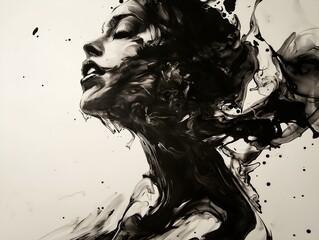 abstract ink portrait, female profile, flowing hair, dark tones, artistic, stylized, monochrome