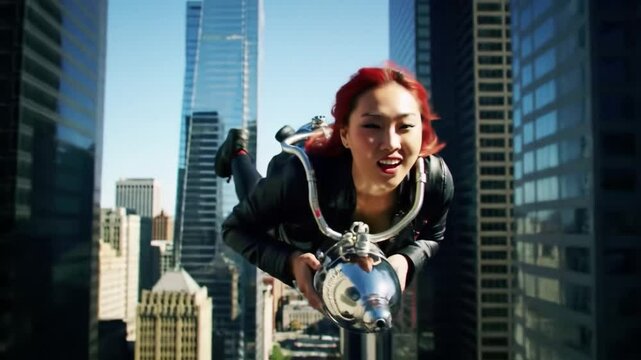 A young woman demonstrates her jetpack flying skills high above a bustling city. She navigates gracefully against a backdrop of skyscrapers, highlighting the excitement of aerial technology.