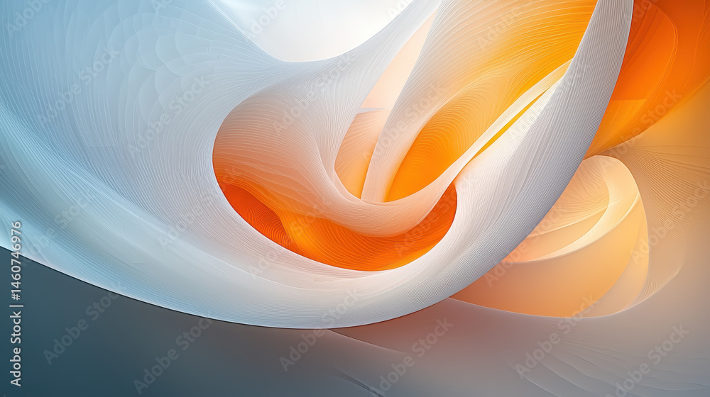 Poster a realistic 4k 3d abstract background shows smooth flowing white and orange forms from a side angle,