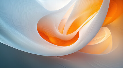 A realistic 4K 3D abstract background shows smooth flowing white and orange forms from a side angle, creating a modern and visually appealing design element.