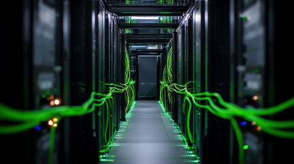 Dark server room corridor illuminated by glowing green cables.