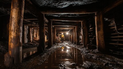 Fototapeta premium Dark, damp mine tunnel with wooden supports.