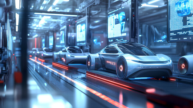 Futuristic Automated Car Assembly Line in High-Tech Factory
