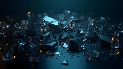 Shattered glass fragments with iridescent reflections in soft cinematic light, futuristic abstract background with neon metallic glow, luxury tech-inspired digital composition