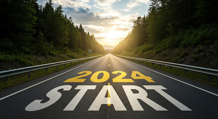 Forward-looking highway visualization featuring "2023 START" text painted on asphalt road surface leading toward golden sunlight between forested mountains