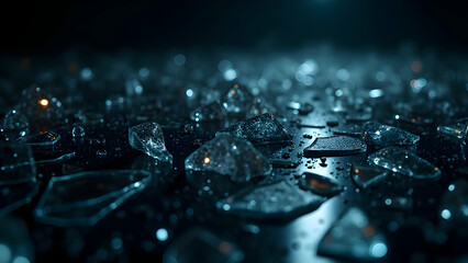 Shattered glass fragments with iridescent reflections in soft cinematic light, futuristic abstract background with neon metallic glow, luxury tech-inspired digital composition