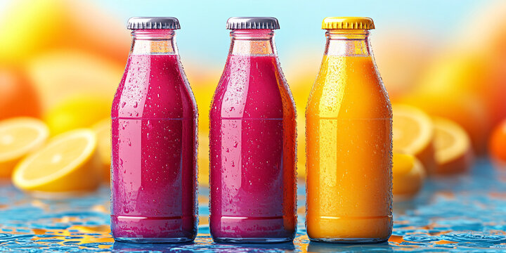 Three glass bottles filled with colorful fruit juices.
